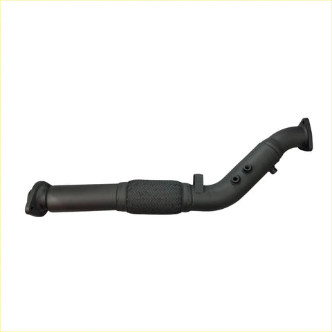 Black metal exhaust manifold with textured heat shield and flanged ends for redback 4x4 dpf adapter kit toyota landcruiser 79 back side