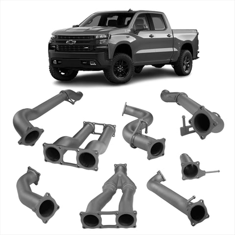 Gray metallic exhaust manifold components for chevrolet silverado 1500 redback 4x4 exhaust system center view