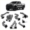 Gray metallic Redback 4x4 exhaust system components for Chevrolet Silverado 1500 shown from the back side