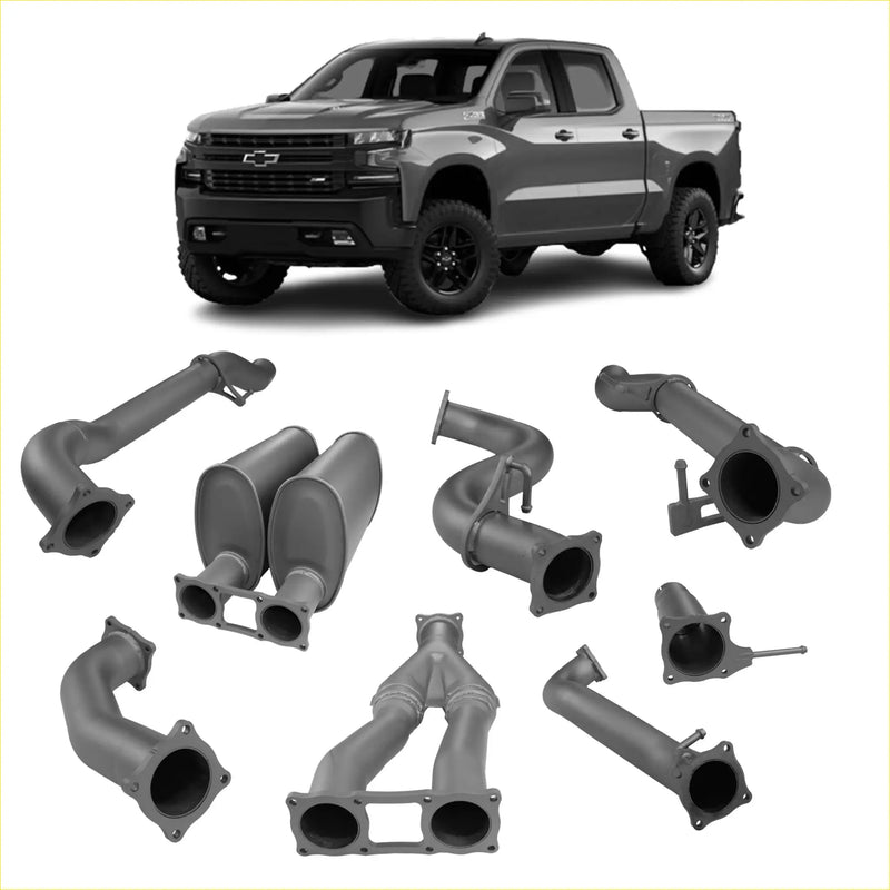 Gray metallic Redback 4x4 exhaust system components for Chevrolet Silverado 1500 shown from the back side
