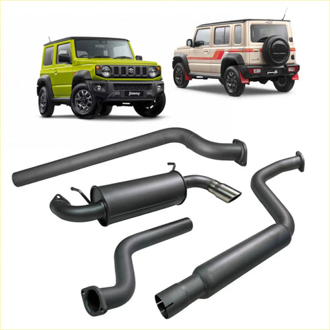 Black Redback 4x4 aftermarket exhaust system components for Suzuki Jimny 3 and 5 door back side view