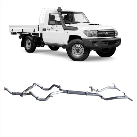 Silver metallic twin exhaust manifold system for toyota land cruiser 70 series back side shown