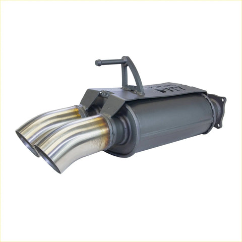 Dual-exhaust redback 4x4 muffler with polished stainless steel tips and gray metallic body for toyota landcruiser back side