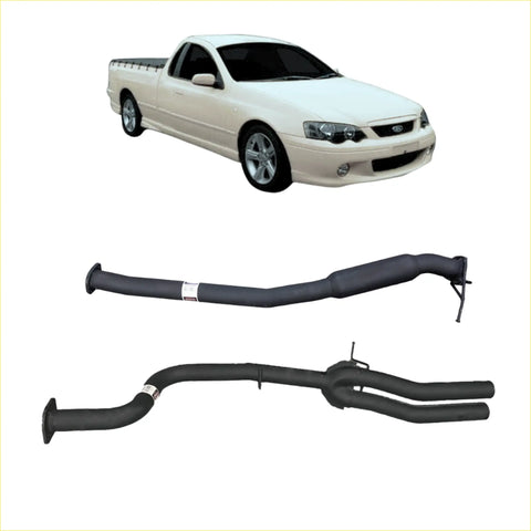 Black metal exhaust manifold and header system on white ford utility with redback ba bf ute catback hotdog dual tailpipe