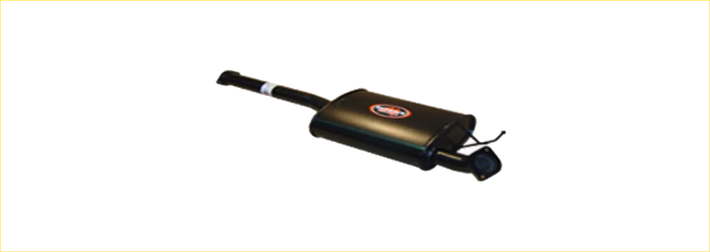 Black metal redback centre muffler with red and white logo for ford territory 2004 to 2011 shown from back side