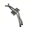 Shiny chrome finished redback dual 3 inch 409 centre muffler with dual cylindrical mufflers and curved piping showing back side