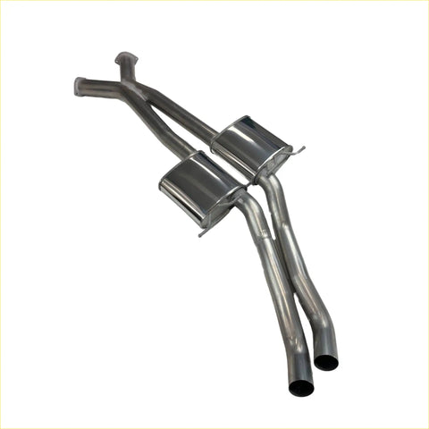 Shiny chrome finished redback dual 3 inch 409 centre muffler with dual cylindrical mufflers and curved piping showing back side