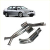 Backside view of silver metallic redback dual 3 inch catback exhaust with rear muffler for holden sedan
