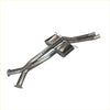 Back view of shiny chrome redback dual 3 inch catback exhaust with dual cylindrical mufflers and curved piping for holden