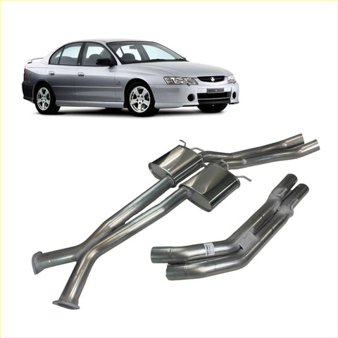 Silver metallic redback dual 3 inch catback exhaust without rear muffler shown from back for holden sedan