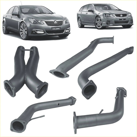 Black metal Redback dual 3 inch engine back exhaust with hotdogs for Holden Commodore shown from back side