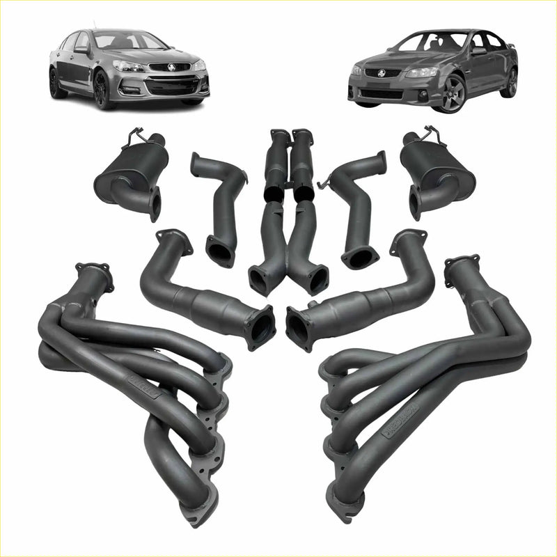 Black Redback dual 3-inch engine back exhaust with hotdogs for Holden Commodore shown from the back side