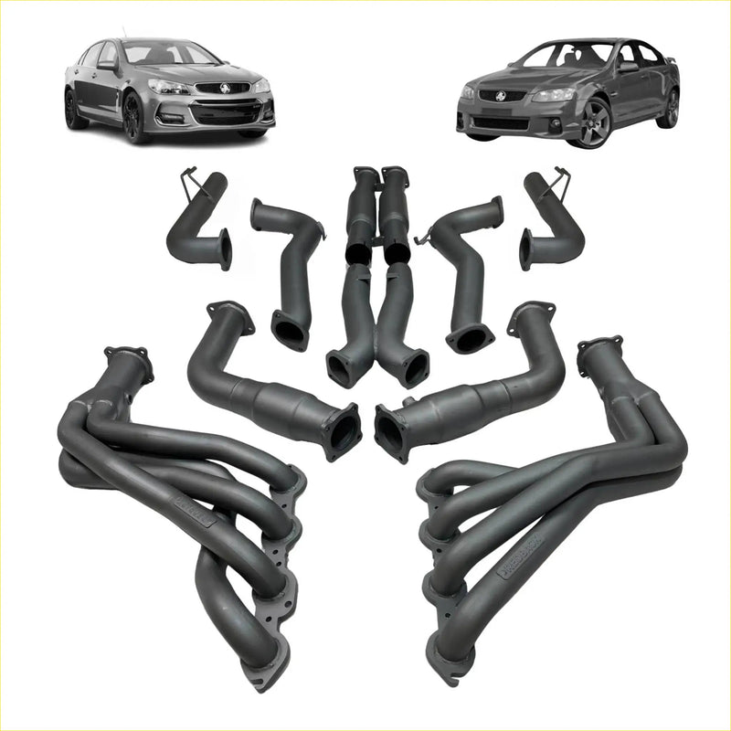 Black metallic redback dual 3 inch engine back exhaust with muffler delete for holden commodore shown from back side
