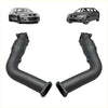 Black matte Redback dual 3 inch exhaust manifold pipes with flanged ends and curves for Holden shown from back side