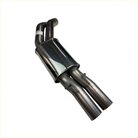 Back view of shiny chrome redback dual 3 inch rear muffler with dual exhaust and central resonator for holden commodore ute