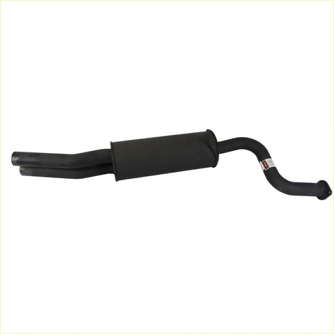 Black metal exhaust muffler with curved pipe and flanged ends for redback exhaust 2.5 system ford fg falcon ute