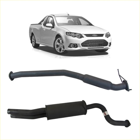Black redback exhaust 2.5 inch system with hotdog centre for ford fg falcon ute shown from backside