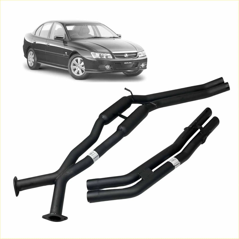 Black dual-exhaust manifold system showing back side for redback exhaust fit Holden Berlina and Commodore V8 V6 models