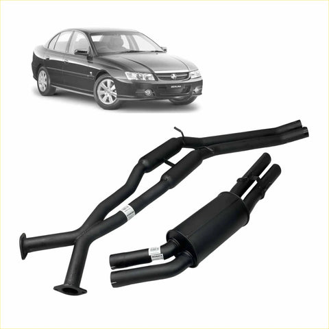 Black aftermarket Redback exhaust system for Holden Berlina sedan shown from the back side for Commodore V8 V6