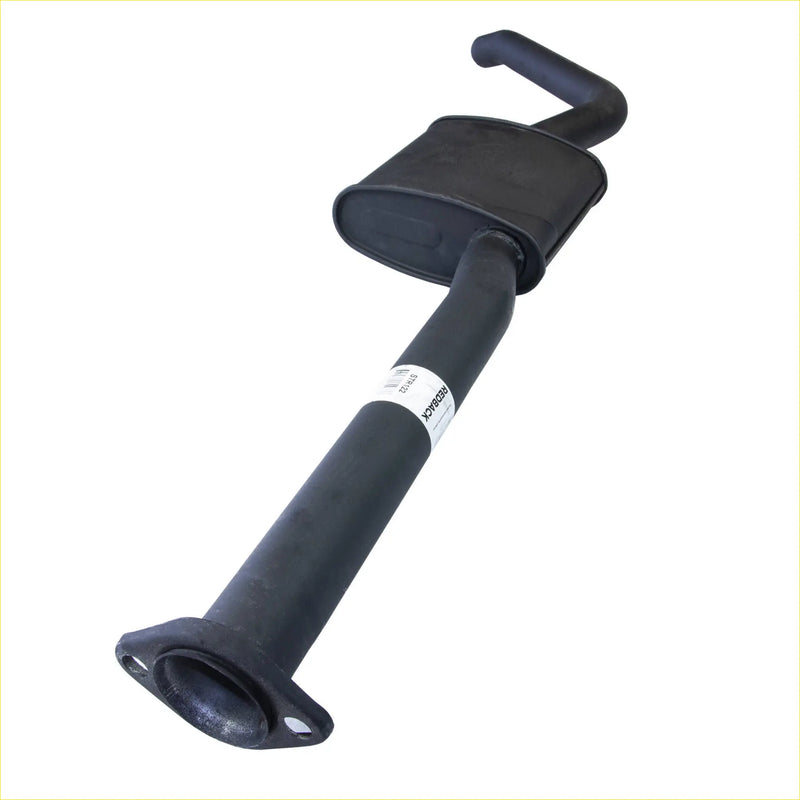 Black metal redback exhaust muffler with curved top and flanged base for holden commodore vy v6 sedan series 2 25 front