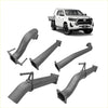 Gray metallic exhaust manifold components on the back side of redback extreme duty 3.5 inch dpf back exhaust for toyota hilux 2.8l