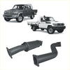 Black metal exhaust pipe system for toyota land cruiser shown from back side with redback extreme duty fuel tank adaptor