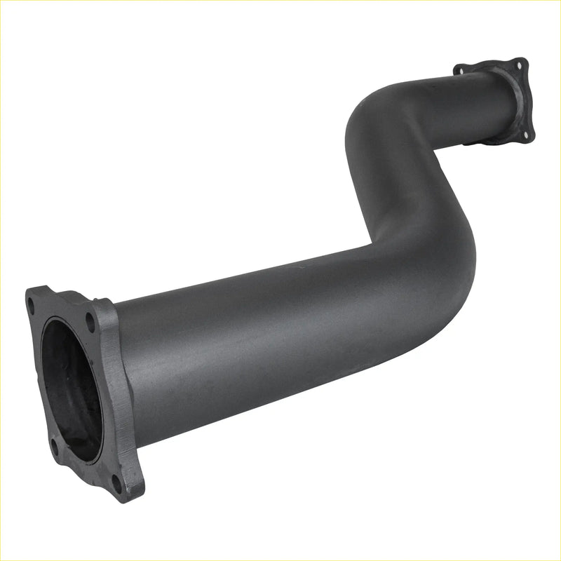 Black metal exhaust manifold with flanged ends and curved angular design for redback extreme duty toyota fuel adaptor