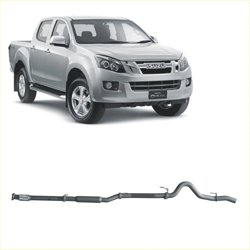 Silver metallic redback extreme duty exhaust system for isuzu d-max pickup truck shown from back side