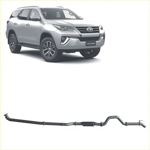 Silver toyota fortuner suv shown from the back with a black redback extreme duty exhaust installed underneath