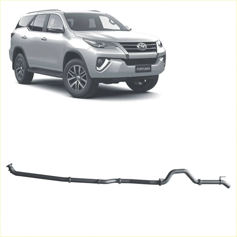Silver toyota fortuner 2.8l with black redback extreme duty exhaust pipe shown from the back side