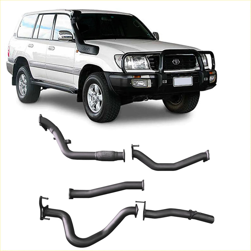 Black metal exhaust manifold system for toyota land cruiser 70 series shown from the back in redback extreme duty exhaust setup