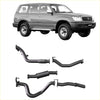 Black metal exhaust system components shown from the back for redback extreme duty exhaust toyota landcruiser 105 series wagon