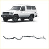 Silver metallic redback extreme duty exhaust system for toyota landcruiser 78 series 4.2l td shown from back side