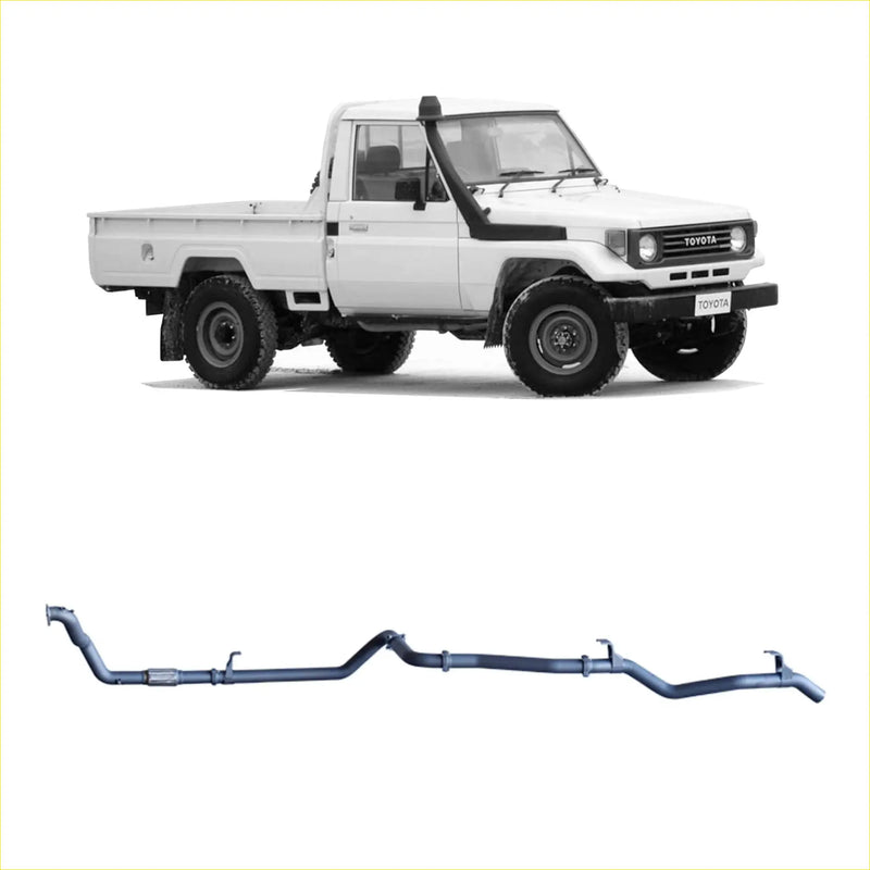 White toyota land cruiser pickup with black trim and rugged tires showing redback extreme duty exhaust below
