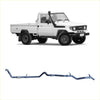 White toyota land cruiser pickup with black trim and rugged tires showing blue metallic redback extreme duty exhaust below