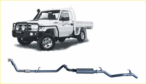 Black metallic redback extreme duty exhaust system for toyota landcruiser 79 series 4.2l shown from back side