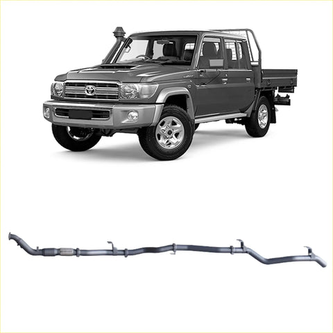 Gray metallic extreme duty exhaust system for toyota landcruiser 79 series double shown from the back side