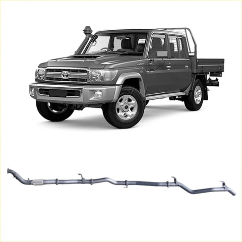 Silver metallic exhaust manifold made for toyota land cruiser 70 series shown from the back side