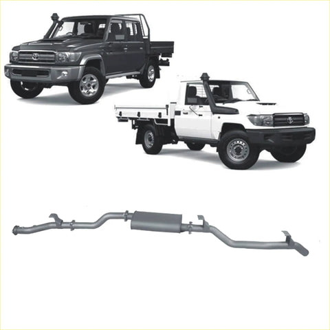 Silver metallic redback extreme duty exhaust system for toyota landcruiser 79 series pickup trucks back side view