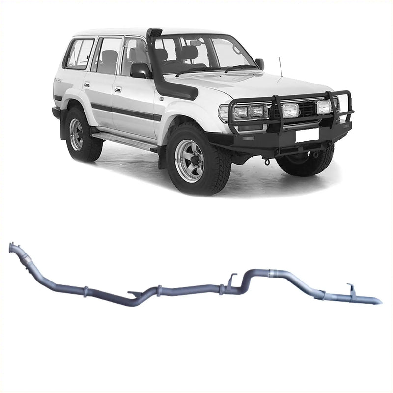 Silver metallic redback extreme duty exhaust system for toyota landcruiser 70 series shown from back side