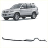 Silver toyota prado suv with black side steps and redback matte black extreme duty exhaust pipes at the back side