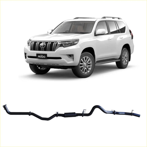 Black metallic redback extreme duty exhaust system for toyota prado 150 series 2.8l shown from the back side