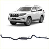 Black metal redback extreme duty exhaust with central cylindrical muffler and curved pipes for toyota prado 150 2.8l back side view