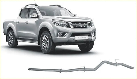 Silver metallic redback extreme duty exhaust pipe system for nissan navara np300 twin turbo shown from the back side