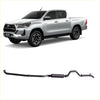 Silver toyota hilux with black alloy wheels and redback extreme duty aftermarket exhaust system below rear side