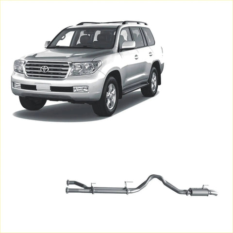Silver metallic redback extreme duty exhaust system for toyota landcruiser 200 series 4.5l v8 shown from back side