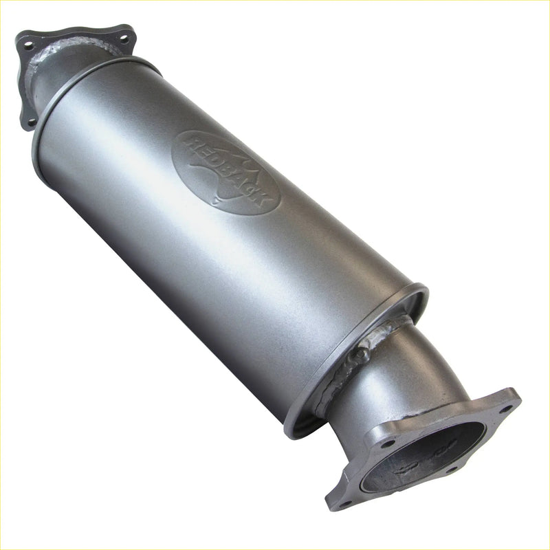 Silver metallic cylindrical catalytic converter with redrock logo on redback extreme duty 6 inch round resonator side
