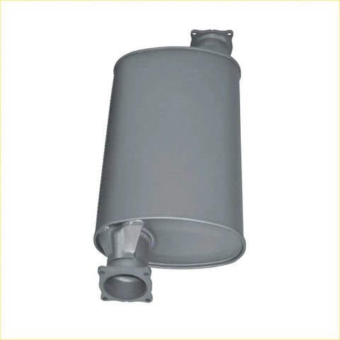 Gray metallic redback extreme duty offset large muffler with flanged ends and cylindrical body