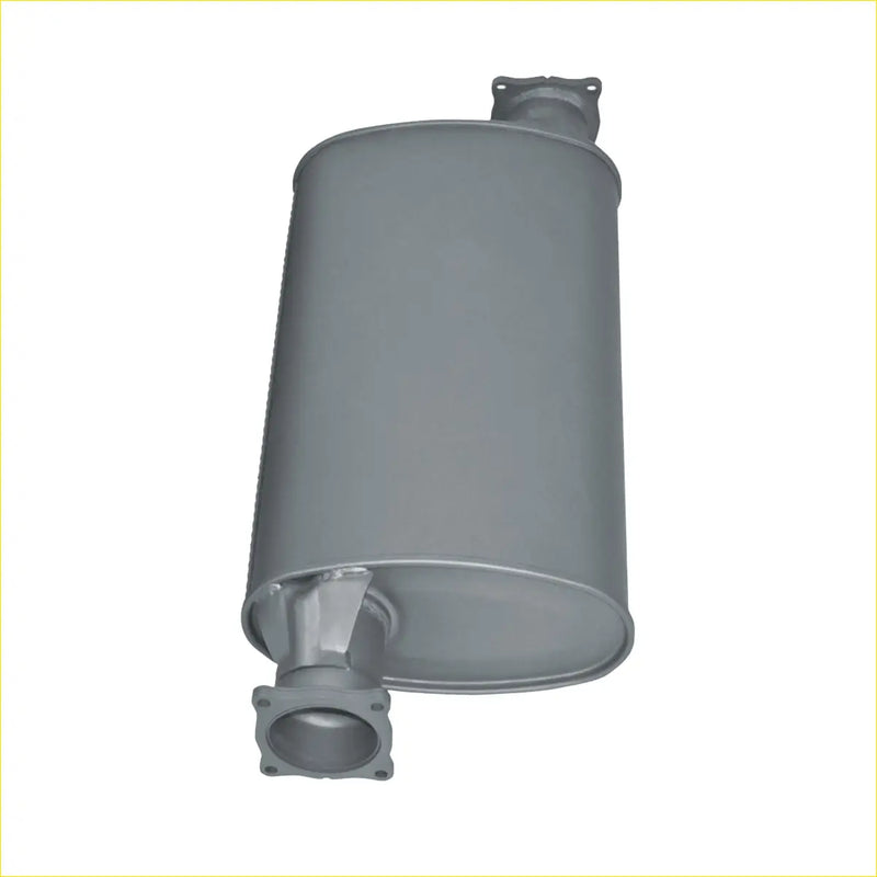 Gray metallic redback extreme duty offset large muffler with flanged ends and cylindrical body