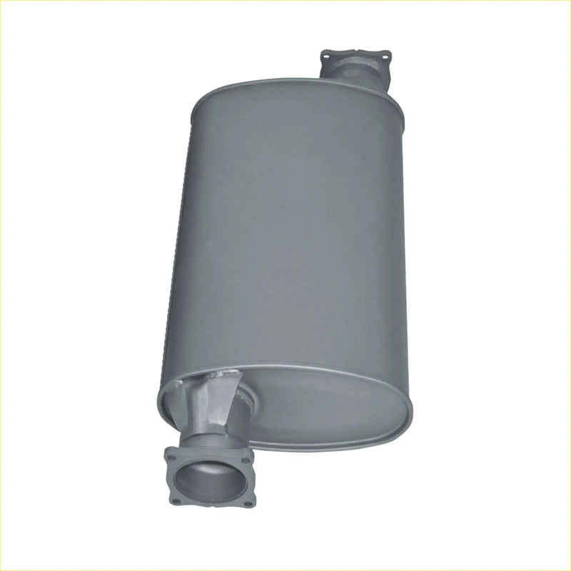 Gray metallic exhaust muffler with flanged ends and cylindrical body from redback extreme duty offset 11x6 triflow